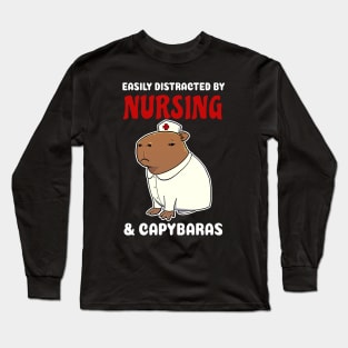 Easily Distracted by Nursing and Capybaras Cartoon Long Sleeve T-Shirt